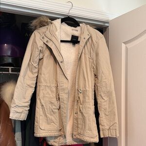 Forever 21 Beige Utility Jacket with Faux Fur Hood